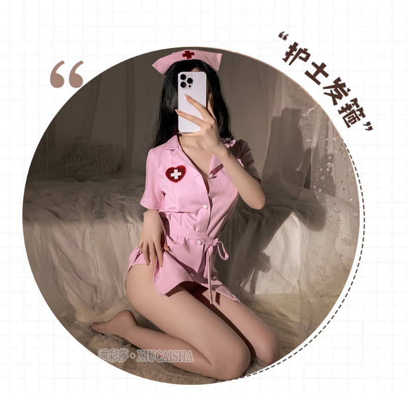 Nurse Role Play Lingerie Set with Open-Crotch Stockings and Leash, One Size Pink — detail image 17