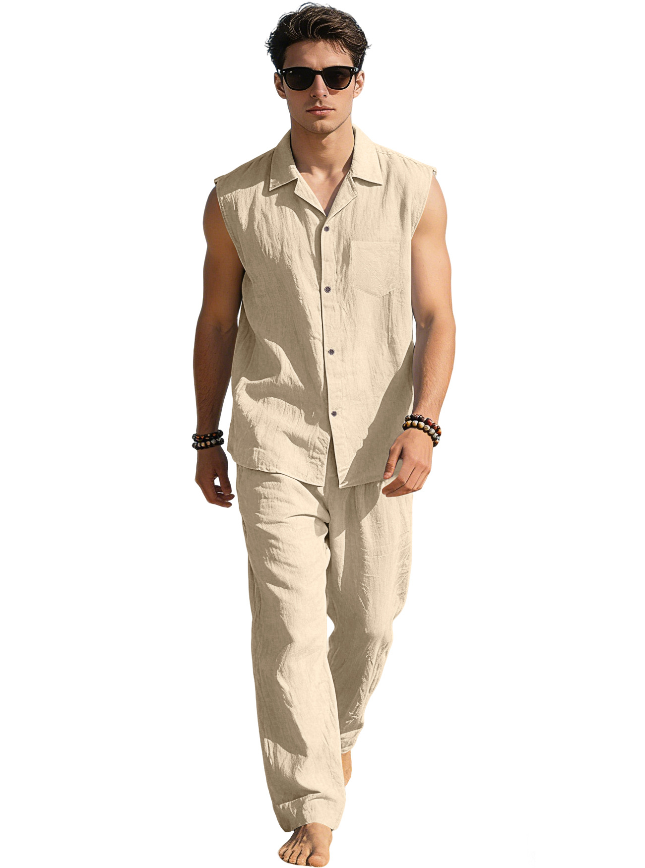 Europa y América transfronterizos de verano hombre camisa delgada sin mangas con solapa deportiva casual lino camisa de color sólido pantalón conjunto