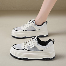 单鞋女2024夏季新款时尚网面透气撞色浅口系带小白鞋女式运动鞋