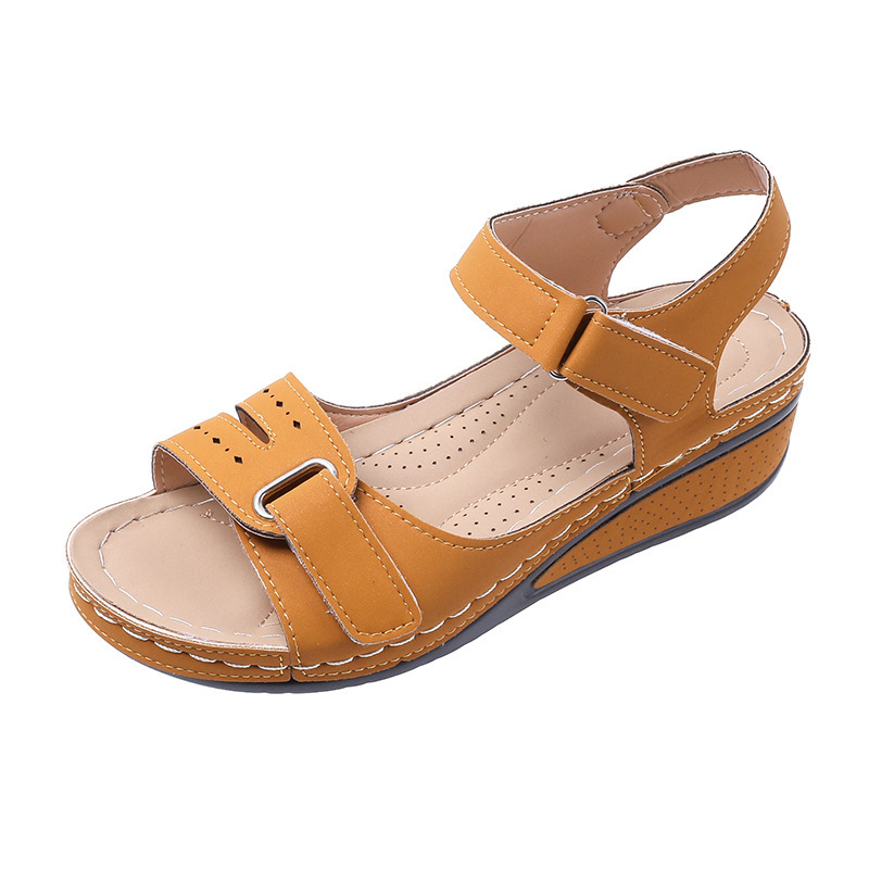 Sandalias de comercio exterior transfronterizo de gran tamaño para mujer 2025 verano nuevo estilo cuña con boca de pez de suela gruesa Velcro playa Roma ropa exterior