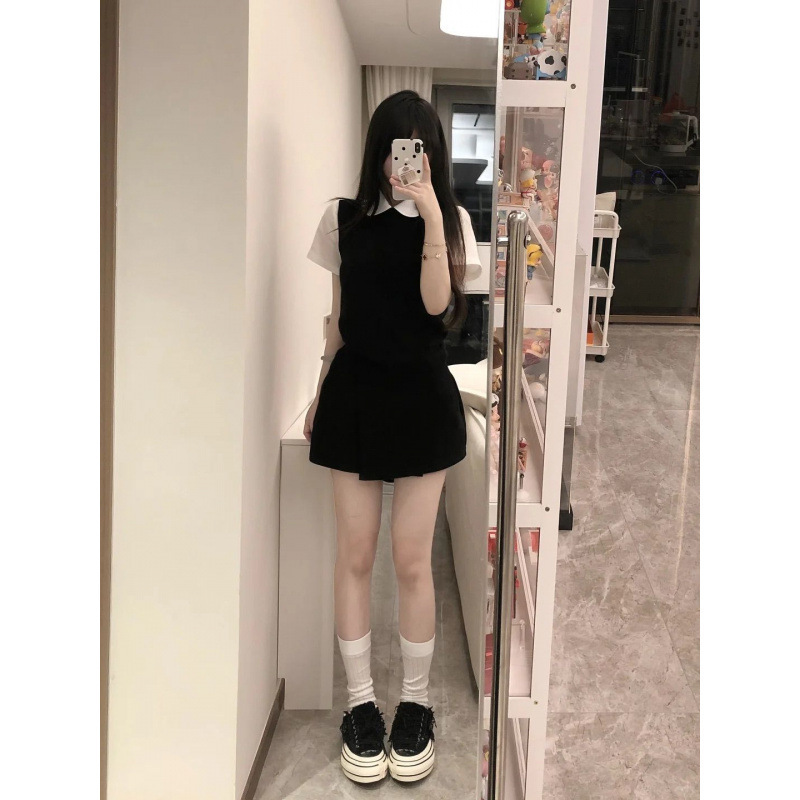 三件套女2025夏季新款韩系学院风针织马甲背心娃娃领衬衫半身裙潮|undefined
