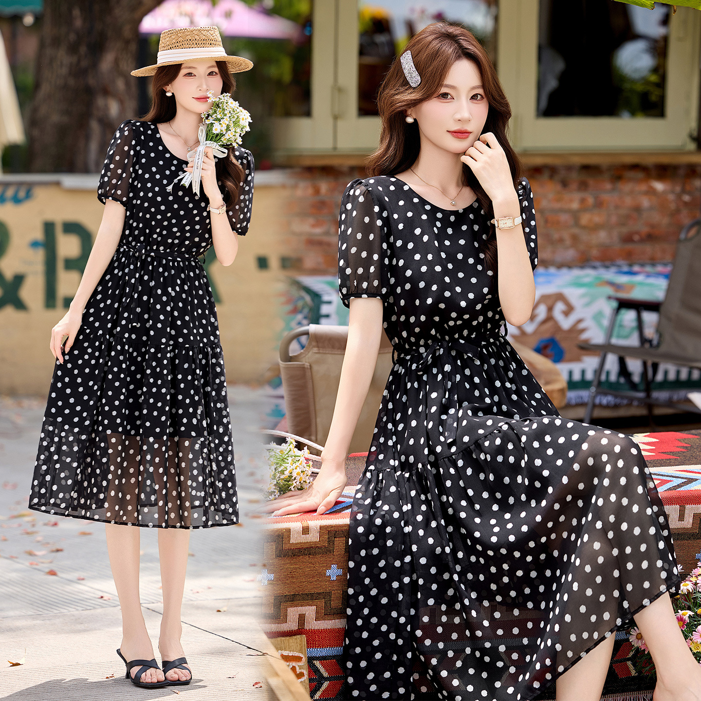 Đầm maxi nữ thắt eo chấm bi tay ngắn phong cách thời trang — màu đen, màu trắng