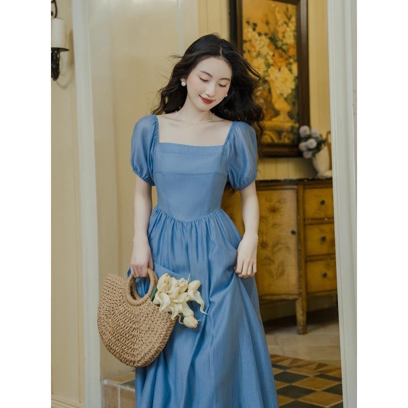 法式复古宫廷风洋装连衣裙显白公主裙泡泡袖茶歇夏季蓝色仙女裙