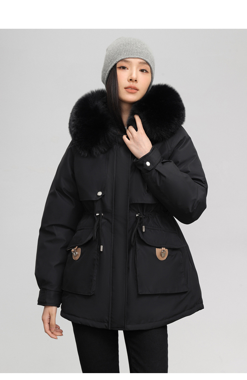 Chaqueta de algodón entallada mujer con capucha y pelo invierno_voghion.com