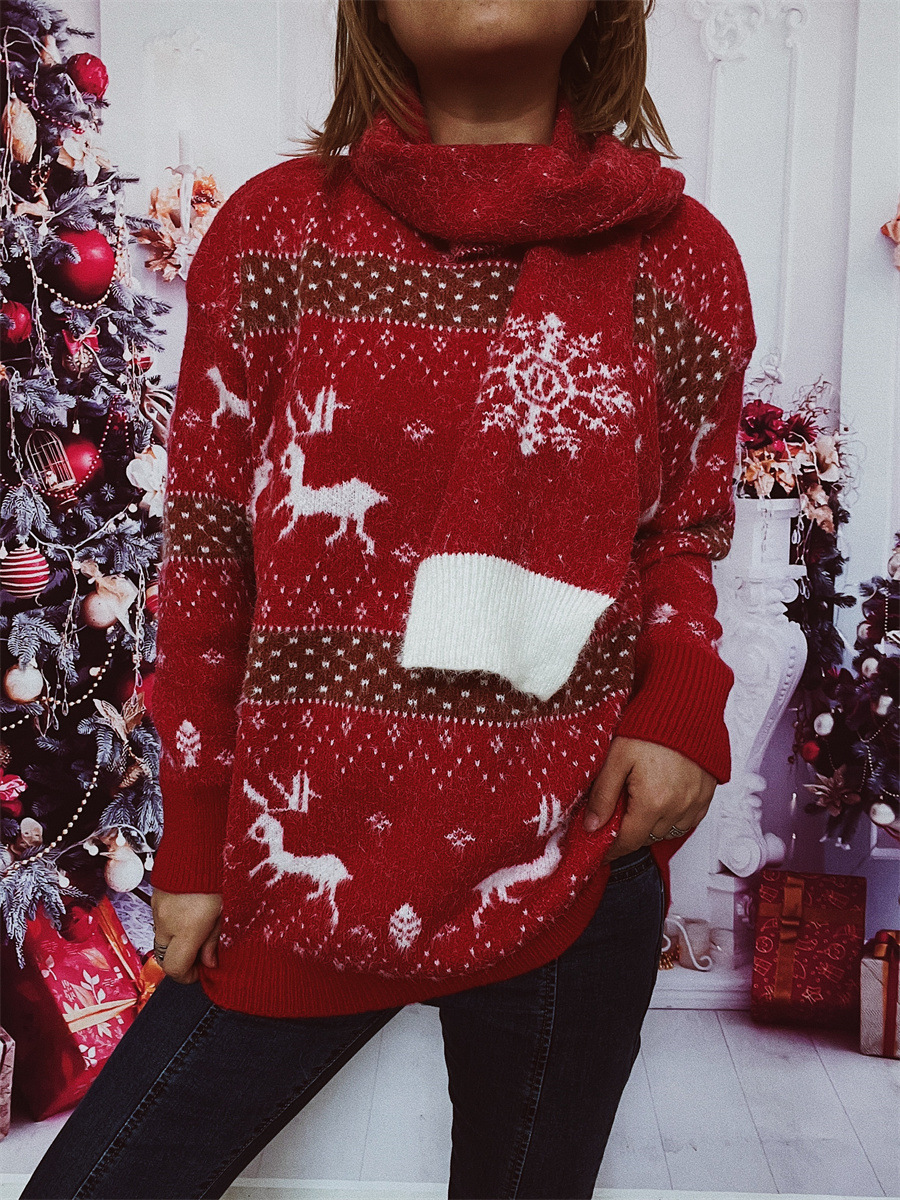 Damen Weihnachtspullover Mit Schal Im Rentier- Und Schneeflockenmuster_voghion.com