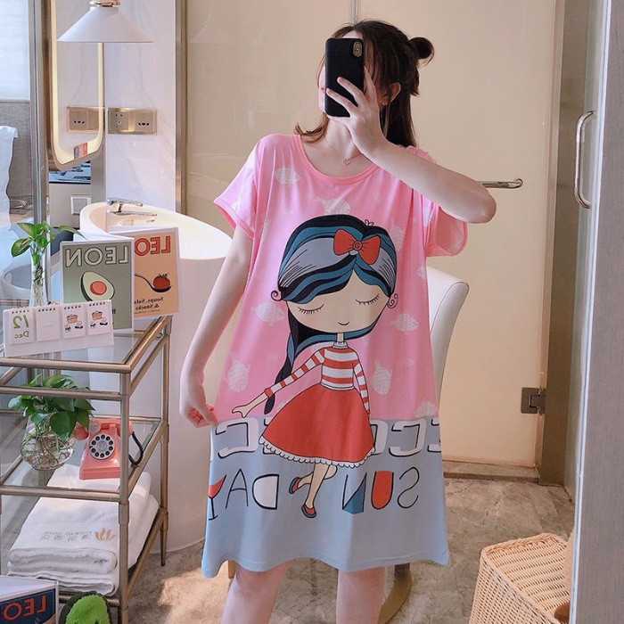 Camisón de manga corta de verano de dibujos animados dulce falda cultural delgada suelta más pijamas de tamaño vestido de mujer ropa para el hogar Comercio exterior