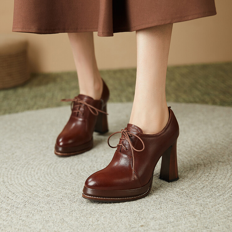 Sheepskin Round Toe Lace-up Platform High Heels Women's 2022 Autumn New Style Brown Thick-soled Deep-cut Chunky Heel Single-layer Shoes