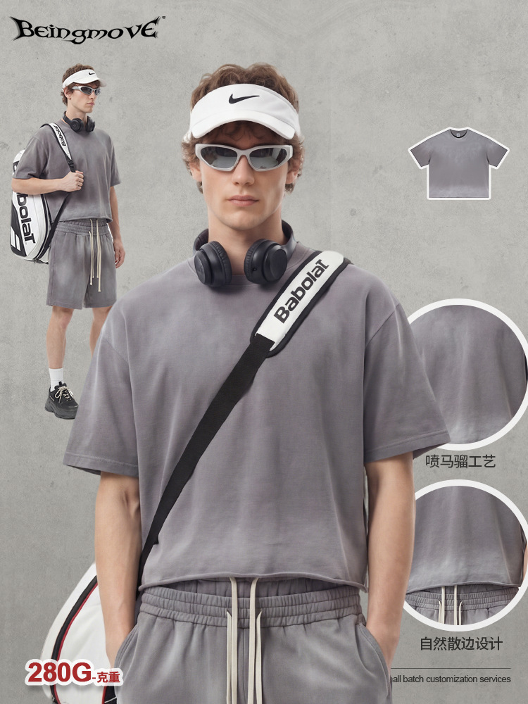 Calle secada| 2026 verano americano retro spray caballo boxy amplio borde camiseta de manga corta camiseta camiseta casual hombre