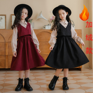 2025 Girls Lapel Fashion Fake Two-Piece Dress Medium and Large Children Red Autumn and Winter Corduroy Princess Dress Parent-Child Wear