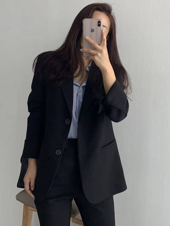 Áo vest nữ dáng rộng cổ vest tay dài phong cách thanh lịch — Tính khí đen chi tiết 14