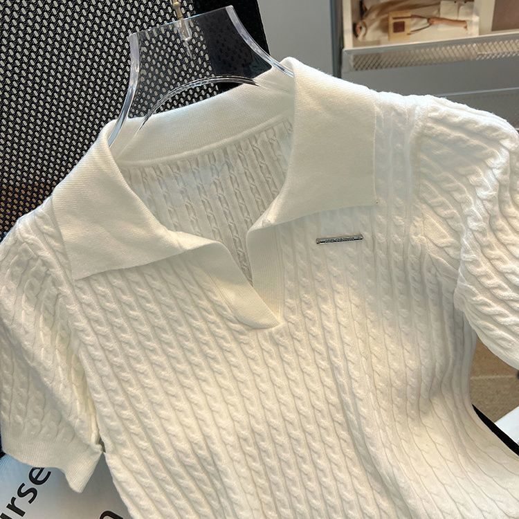 Polo Collar Ice Silk Knit Top For Women, Thin Loose Fit, Slimming, Plus Size, Short Sleeve T-Shirt_ecoleips.com