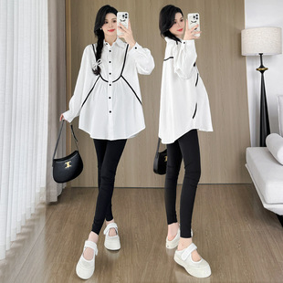 in stock 2025 spring new maternity long stitching shirt pregnant women dress Korean fashion mom