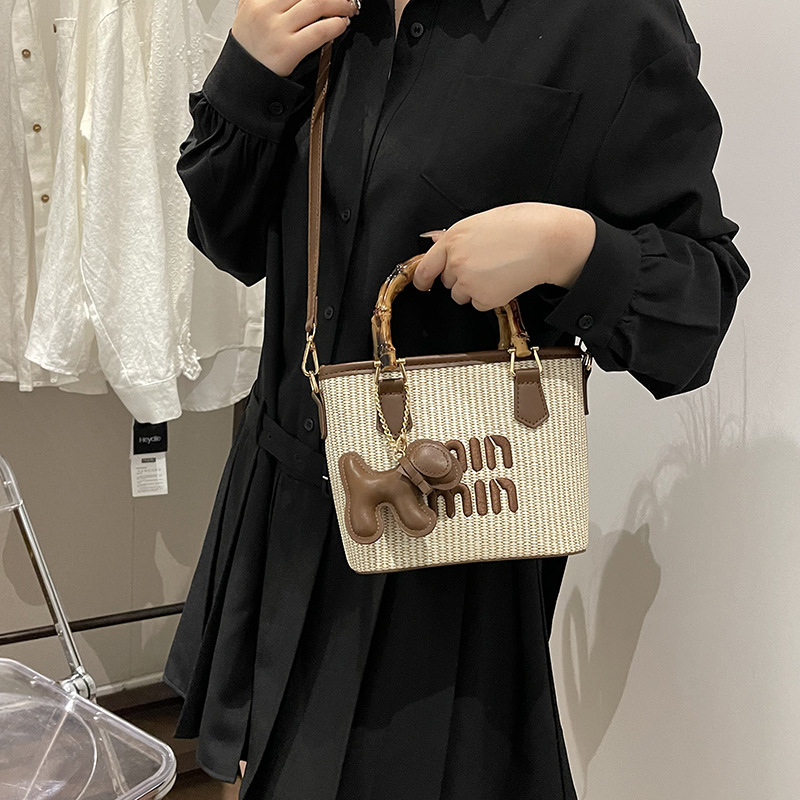 跨境竹节手提包包女2025新款沙滩单肩包时尚百搭通勤编织斜挎包女|undefined