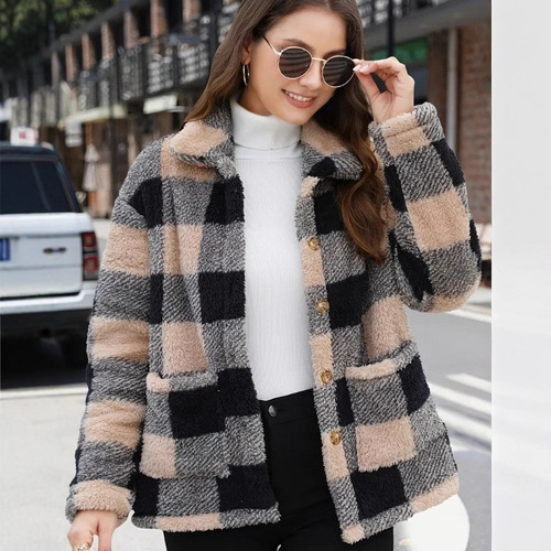 European and American Style Plaid Fleece Jacket with Pockets, Versatile Long-Sleeve Winter Fashion Casual Jacket