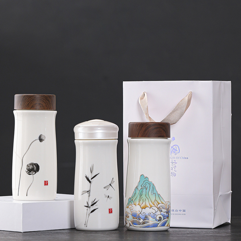 跨境陶瓷保温杯双层陶瓷杯银行公司高档礼品杯实用水杯车载印logo