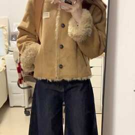 复古加绒加厚麂皮棉衣外套女冬季2025新款小个子翻领保暖短款上衣