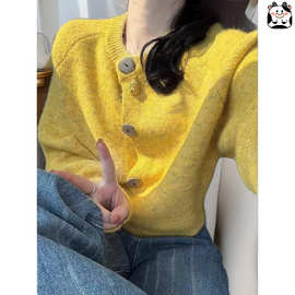 减龄鹅黄羊绒小个子软糯宽松针织开衫女春秋季穿搭慵懒风毛衣外套