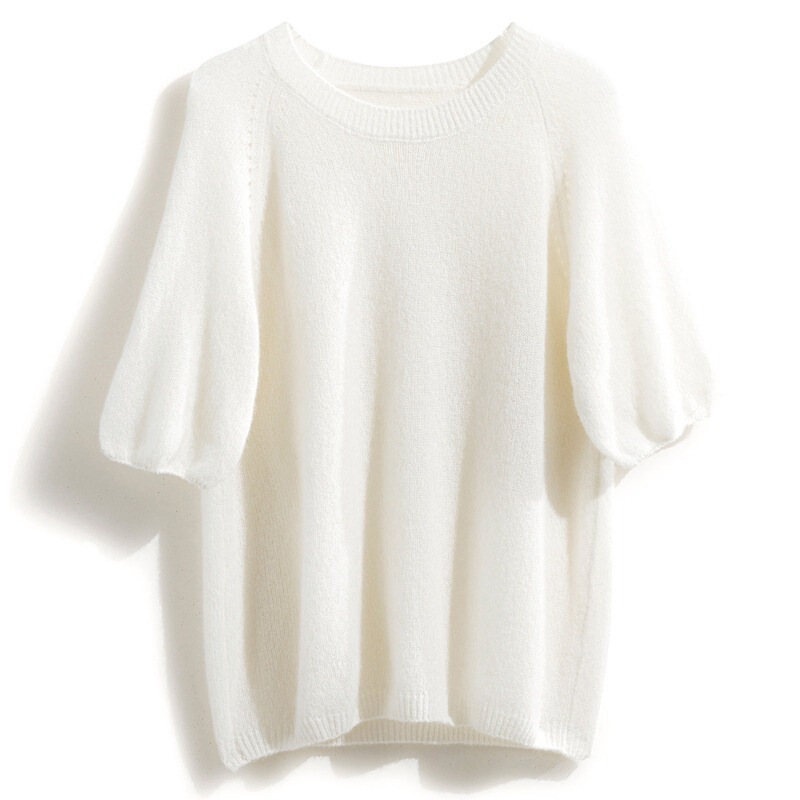 Silk Sleeve T-Shirt for Women, Knitted Short-Sleeve Thin Cashmere with Round Neck, Pure Lantern-Style Light Shoulder Sleeves, Loose Cashmere Short Sleeves