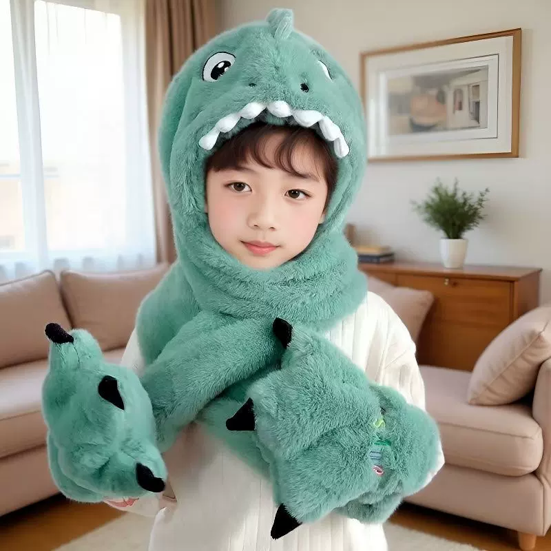 保暖小恐龙帽子围巾一体三件套围脖一体帽子加绒户外帽子围巾现货