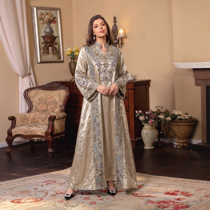Cross-border elegant V-neck embroidered long gown dress for women, ethnic style, heavily beaded long dress, fashionable and stylish women's clothing Cross-border elegant V-neck embroidered long gown dress for women, ethnic style, heavily beaded long dress, fashionable and stylish women's clothing