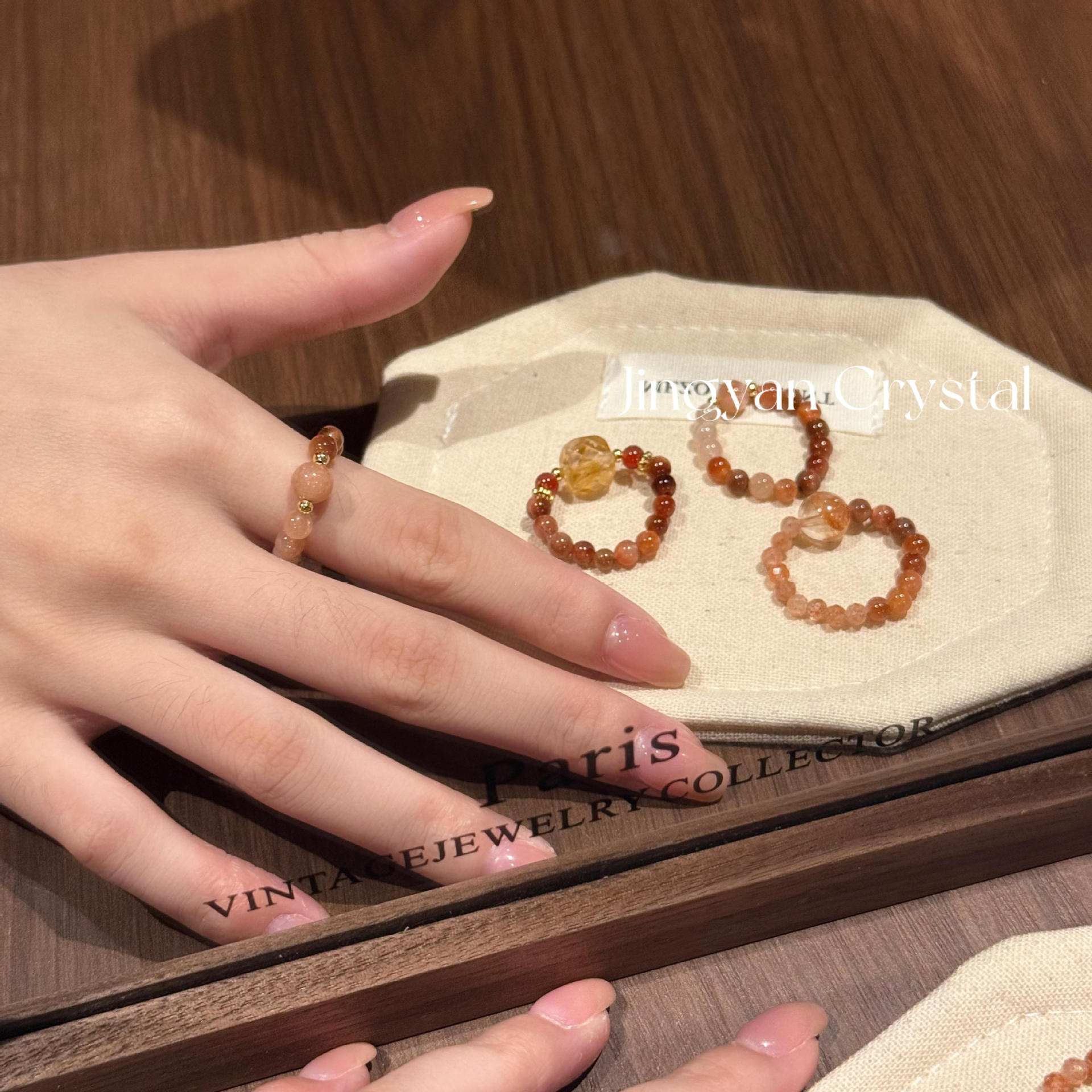 Original design natural crystal red tiger eye sunstone yellow pyramidal crystal red agate vintage light luxury flattering wholesale ring