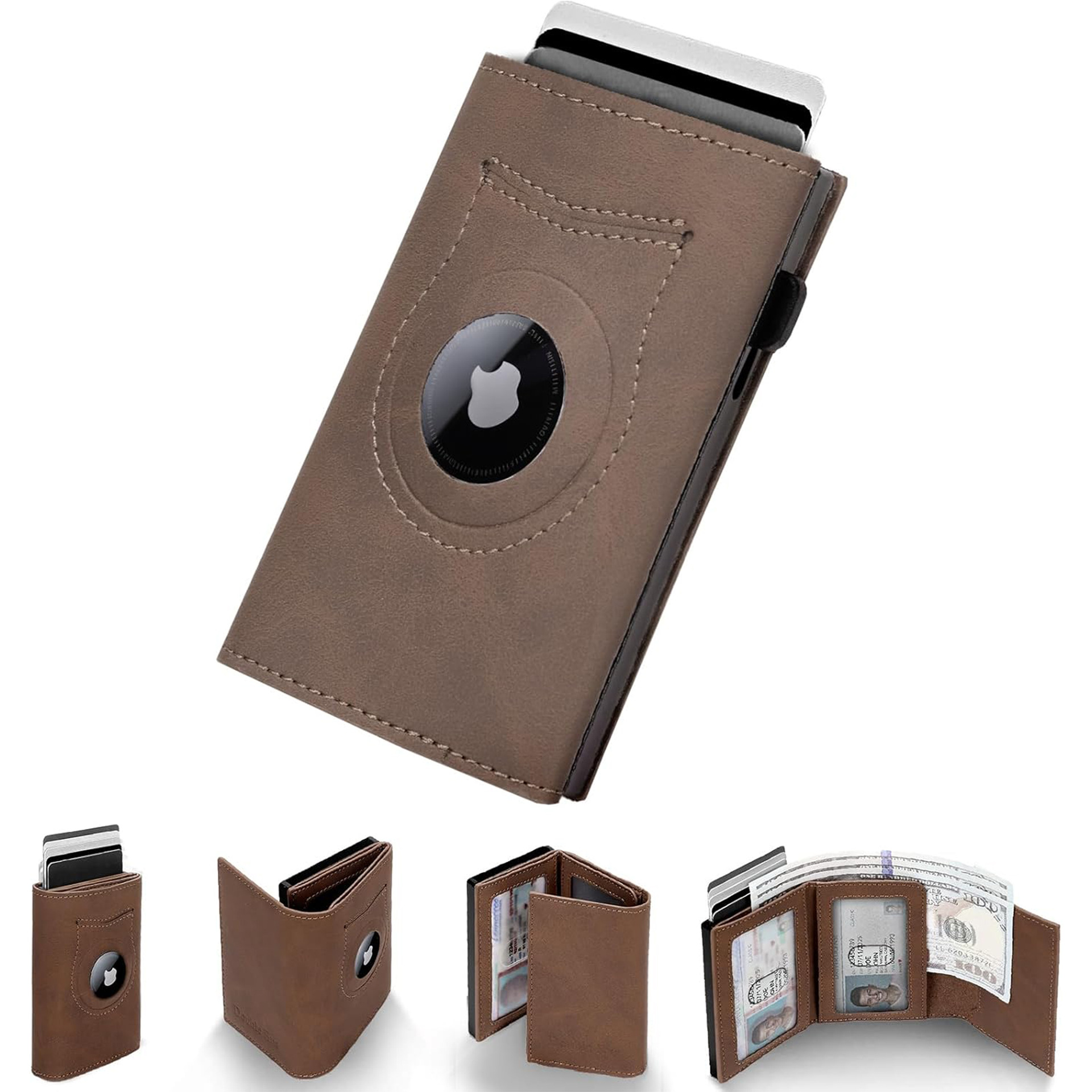 Amazon ultra delgada AirTag rastreo billetera RFID blindaje anti-robo bolsa de tarjetas de absorción triple billetera de cuero para hombres