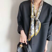 复古腰果印花细长丝巾亮黄撞色包边缎面飘带发带腰带包包绑带配饰
