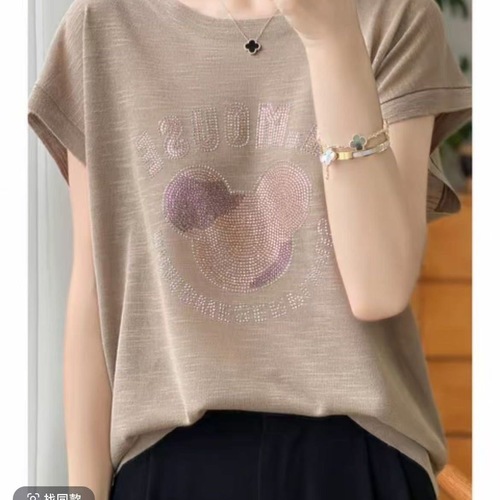 Women's Loose Fit Short Sleeve Round Neck T-Shirt with Beaded Decoration, Summer 2025, Thin Cotton, Casual and Versatile, Slimming