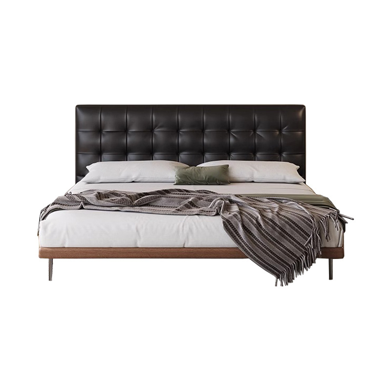 Camas de cuero minimalistas italianas, camas de waffle negras modernas y simples, camas de casado retrógradas, camas de cama de lado, camas de nube