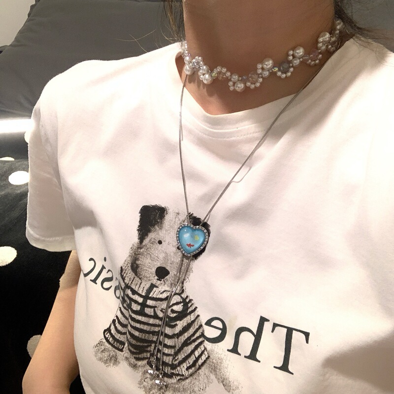 复古奢华vintage马卡龙彩色爱心珍珠项链女锁骨链轻奢choker颈链|undefined