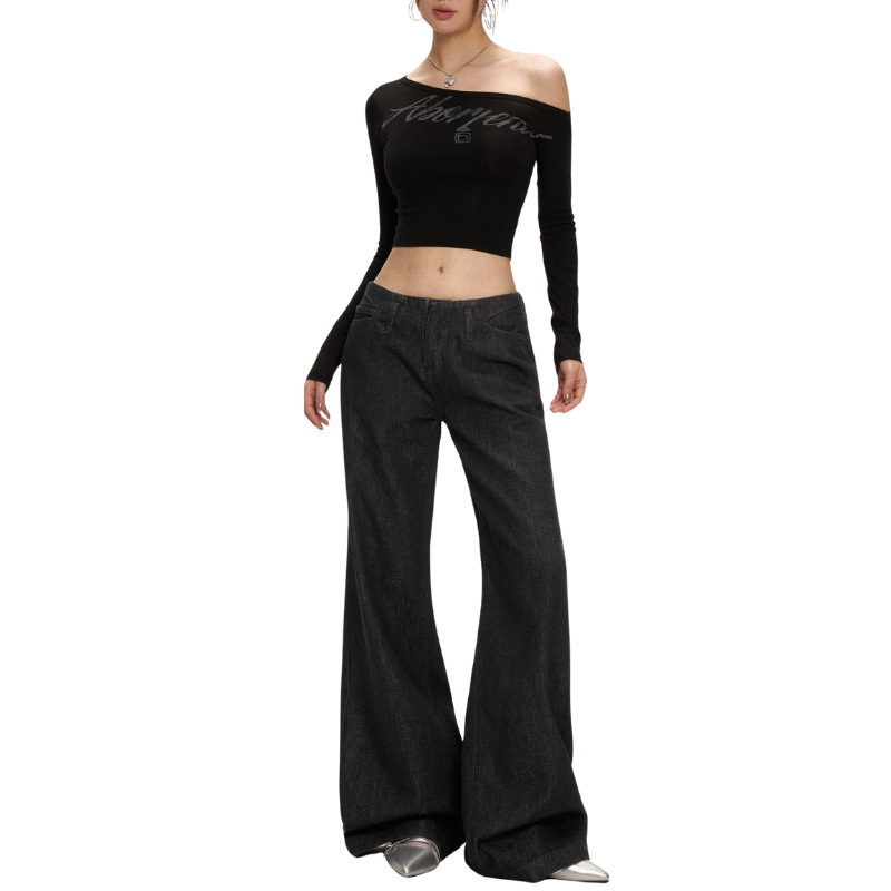 工厂定制OEMODM原牛牛仔裤美式复古无腰头低腰宽松不贴腿微喇裤