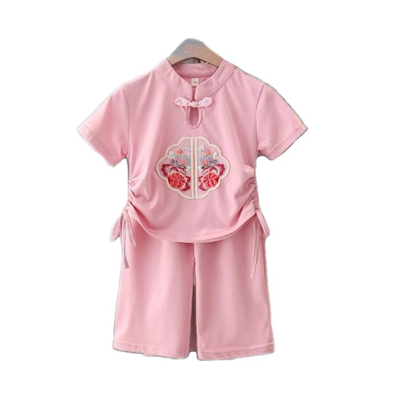Traje de verano para niñas 2025 nuevo verano para niños nuevos pantalones anchos de manga corta de dos piezas para niñas Traje Tang