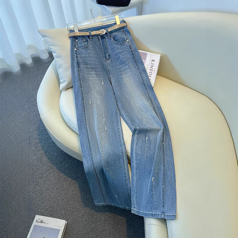 Light-Colored Heavy-Duty Rhinestone-Embellished Jeans for Women, 2026 New Summer Model, with Sparkling Rhinestones, Straight-Leg Pants