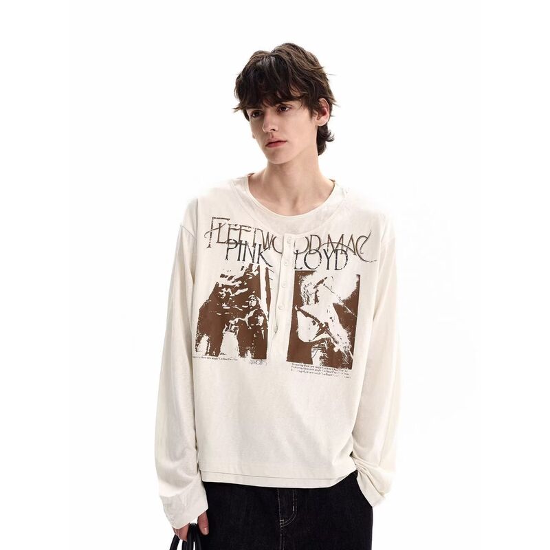 2026 American Retro Rock Print Henley Collar Long-Sleeve T-Shirt for Men, Trendy Brand, Loose Fit, Faux Two-Piece Top, Couple Style 2026 American Retro Rock Print Henley Collar Long-Sleeve T-Shirt for Men, Trendy Brand, Loose Fit, Faux Two-Piece Top, Couple Style