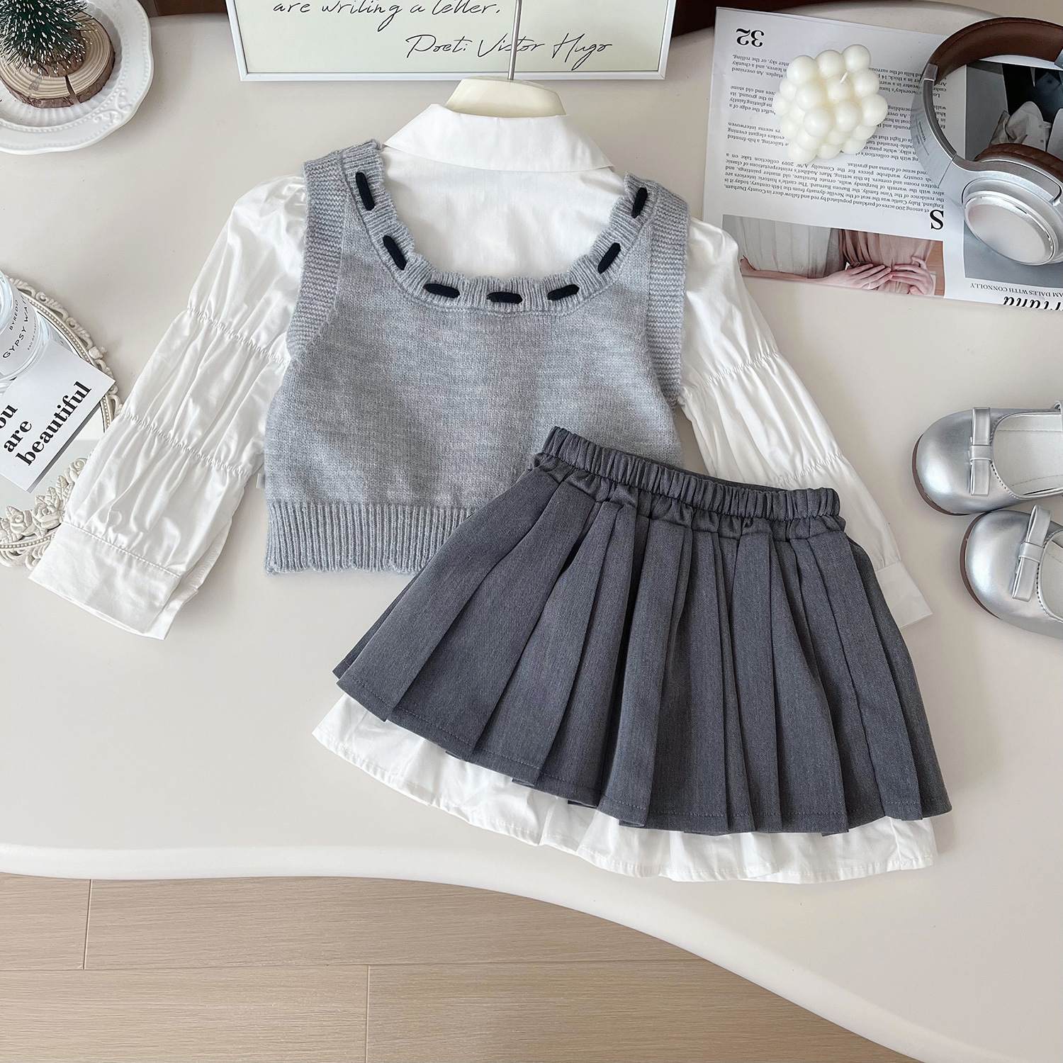 Mädchen Set Mit Puppenkragen Hemd Und Faltenrock 3-teilig_voghion.com