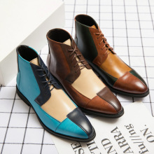 2024欧美大码外贸复古高帮皮鞋拼色潮流正装个性时尚休闲皮靴男鞋