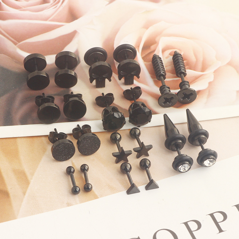 10 Pair Black Stud Round Barbell Earrings Set - Stainless Steel Men's Personality Piercing Studs detail image 9