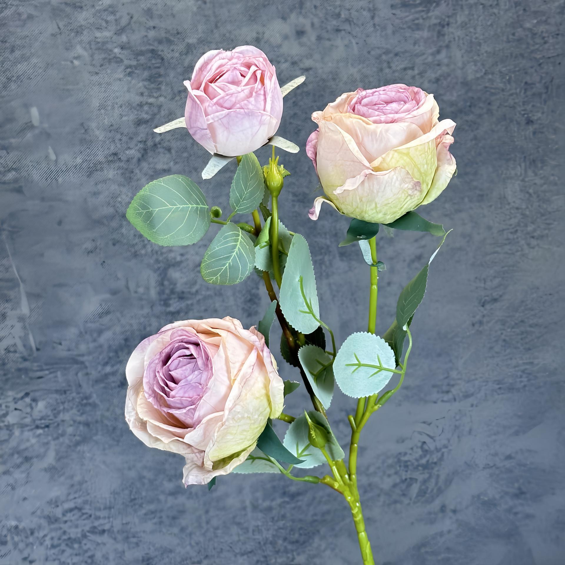 Nuevo 3 cabezas de pintura al óleo asado borde rosa simulación flor boda decoración del hogar decoración de flores falsas transfronterizas al por mayor
