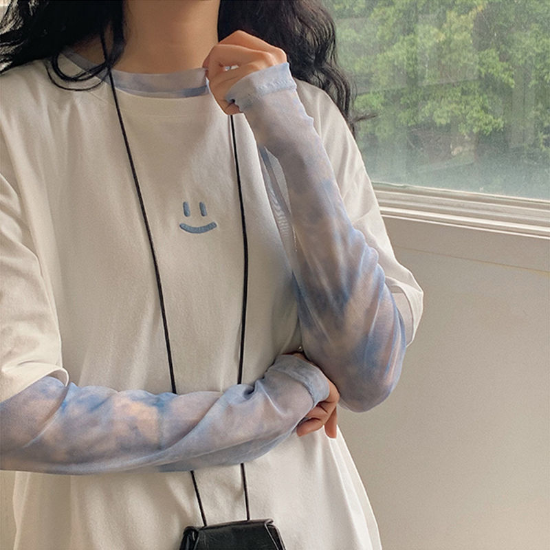 女性用日焼け止め服、女性用夏用薄手長袖Tシャツ、プリントメッシュボトムシャツ、ガーゼインナー、アイスシルクトップス、ブラウス|undefined