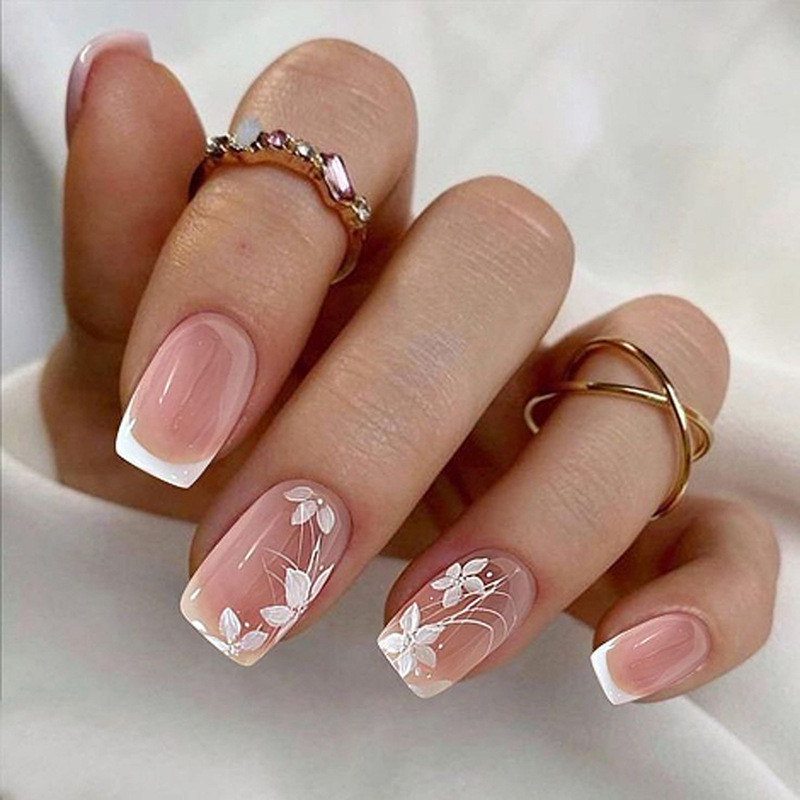 Spring Flower Wearable Nails Simple French White Manicure Short Medium Rectangular Fake Nails Removable Nail Pieces