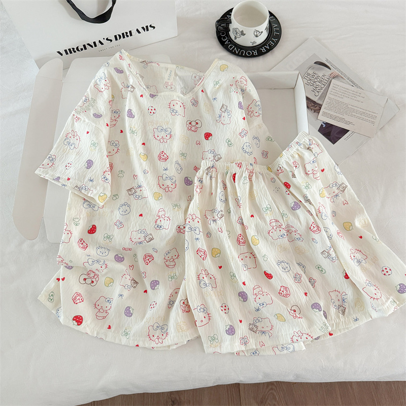 Transfronterizo al por mayor pijamas de algodón nubes de dibujos animados ropa de casa de mujer chaqueta manga corta pantalones cortos set set de cuello redondo set de dos piezas