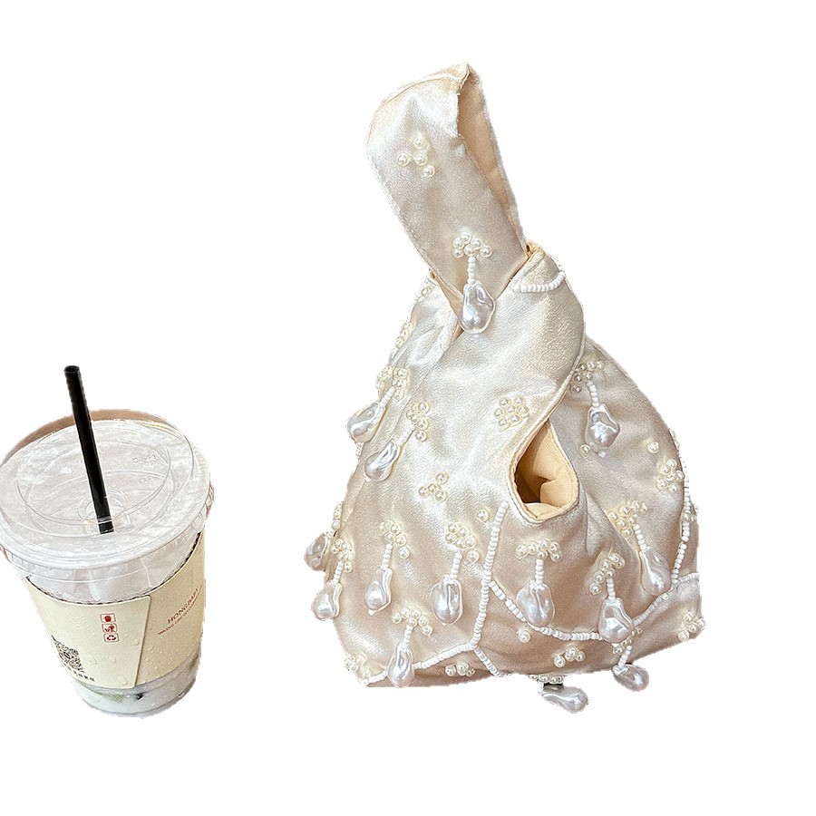 New Chinese Style Retro Pure White Woven Beaded Teardrop Bucket Bag Satin Tassel Dumpling Banquet Underarm Crossbody Bag - Thumbnail 5