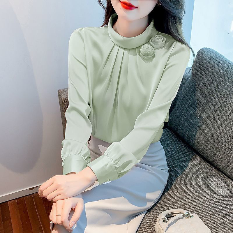 2025 new French style slim stand collar flower solid color pullover long-sleeved chiffon shirt for women autumn thin shirt