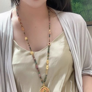 New Tourmaline Carved Hot Selling Women's Ancient Ruyi Sha Gold Necklace Sweater Chain Green Mother Accessories Round Bead Lock Collar