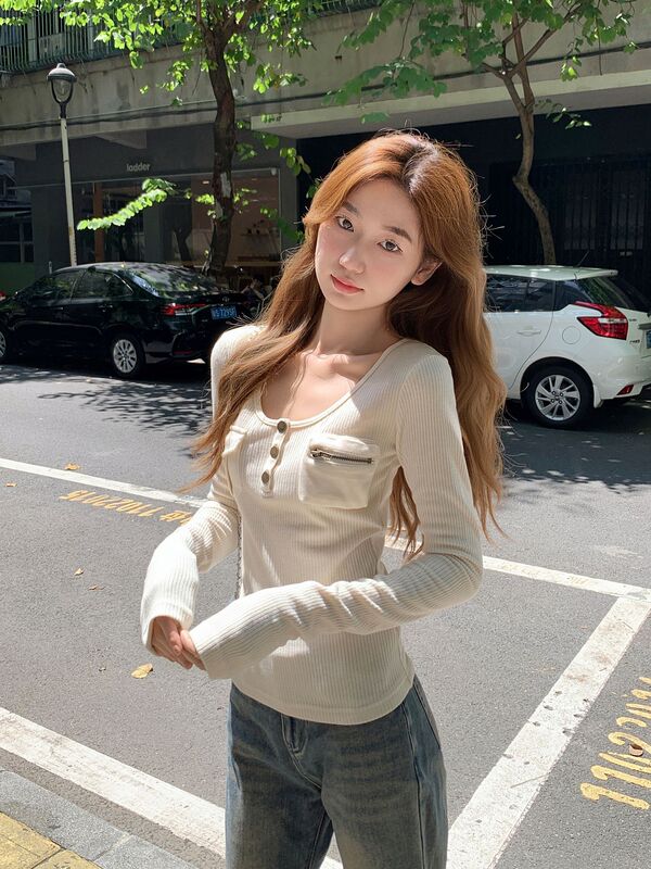 纯欲辣妹风拼接口袋长袖t恤女2025秋季新款修身显瘦内搭绝美上衣|undefined