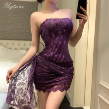 夜琴情趣内衣纯欲性感蕾丝一字肩抹胸连衣裙包臀修身透视战袍7674