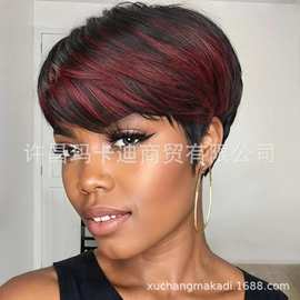欧美女士假发酒红色时尚短直发wig非洲短发机制头套批发 一件代发