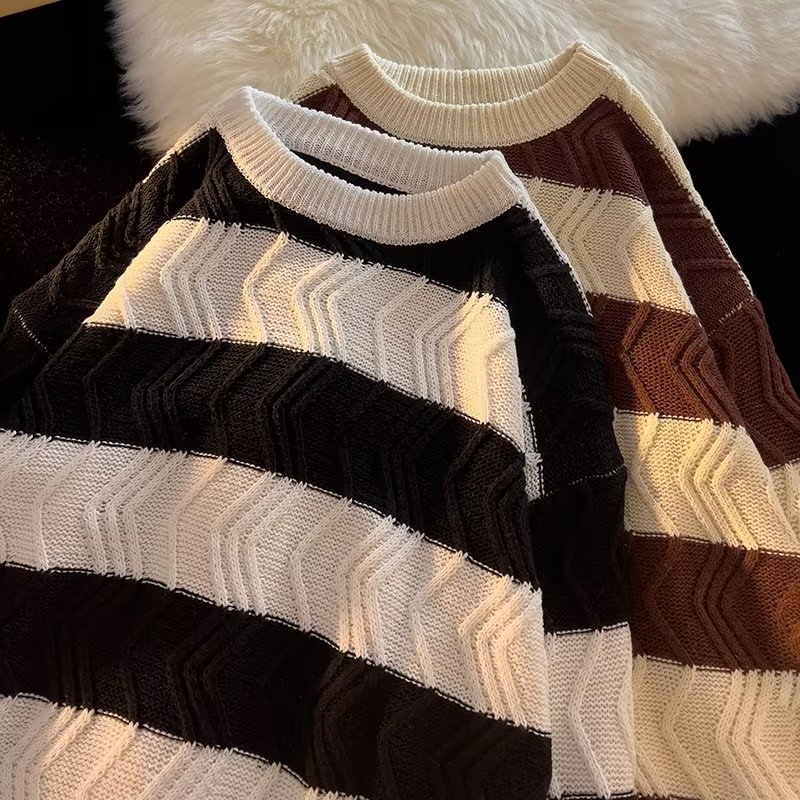Herren Strickpullover Gestreift Retro Rundhals College Stil_voghion.com