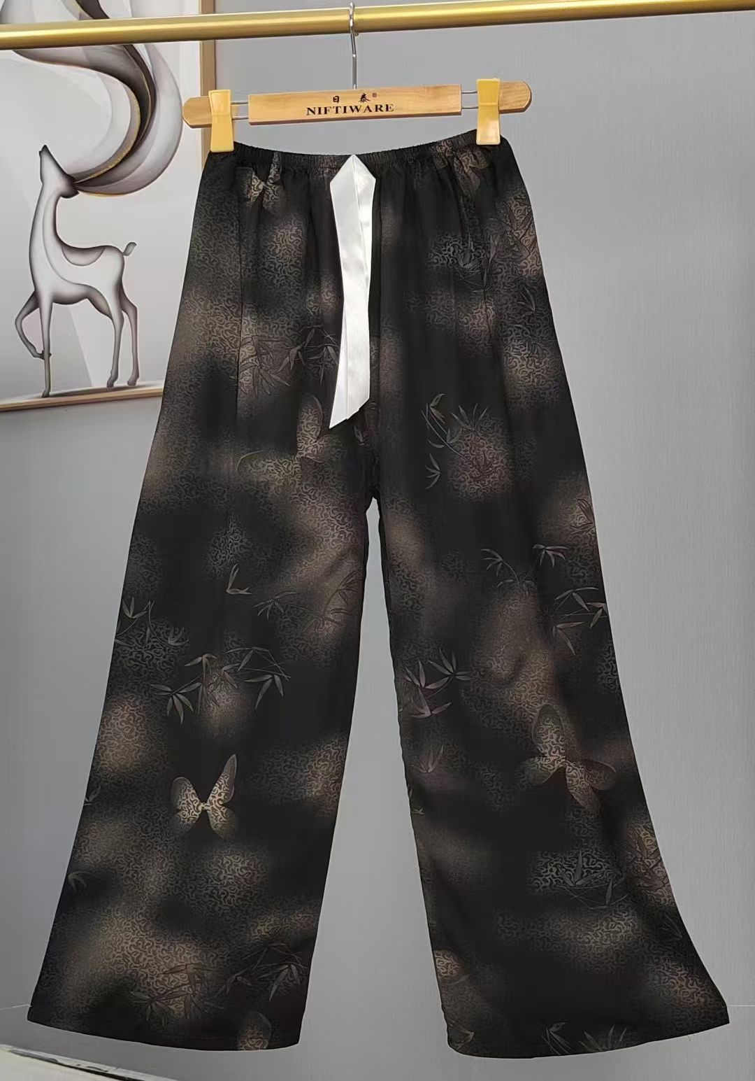 Pijama de seda de algodón para mujer, pantalones anchos de mujer embarazada de seda de algodón con estampado fino de verano