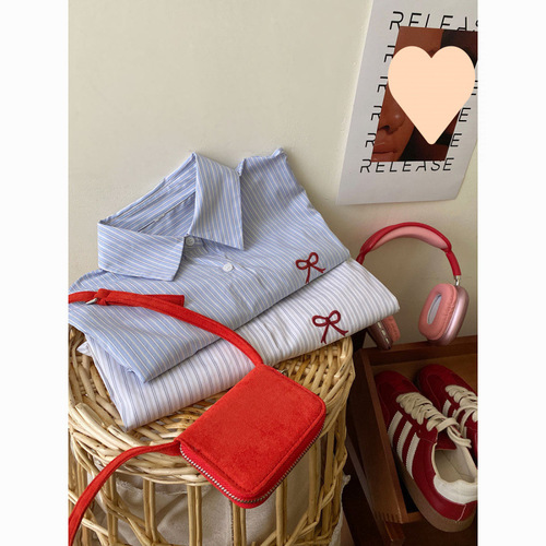 Retro Hong Kong Style Bowknot Embroidered Striped Shirt 2025 Autumn Casual Loose Versatile Long-Sleeved Top Jacket for Women